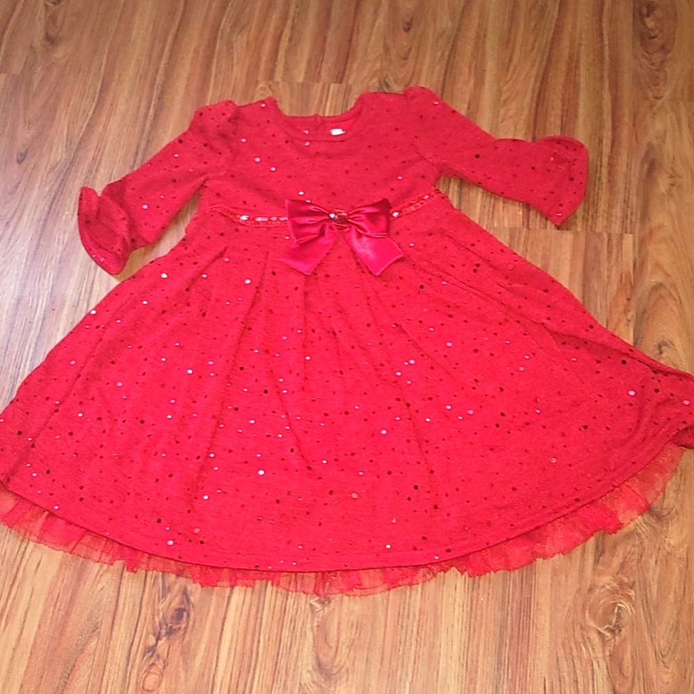 Dress New Holiday S 5T Red 3/4 sleeve red Sparkle w/ 3 button tie back. Holiday - Picture 2 of 10